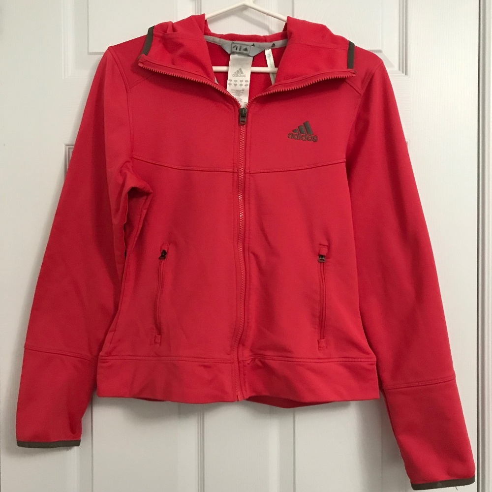 Adidas Women's Performance Sweater Jacket M Zip Up Hood Coral Pink Magenta